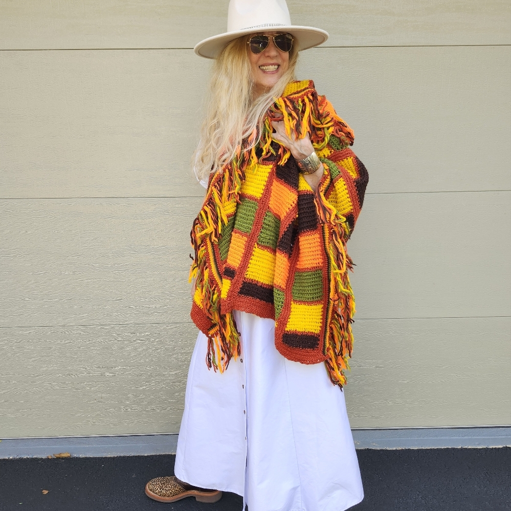 Ethnic New Hand Crafted Throw/Shawl in Brown, Orange & Green, $40